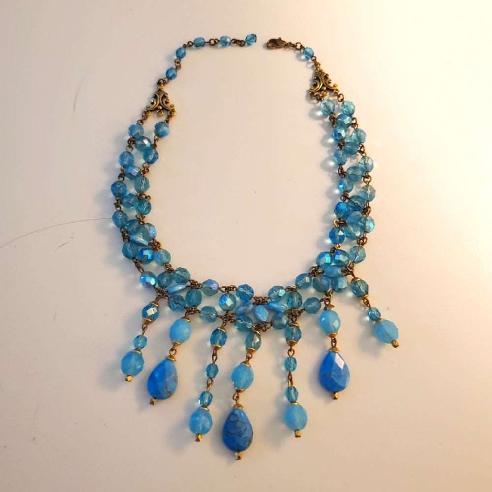 Blue beaded choker necklace, handmade, gorgeous